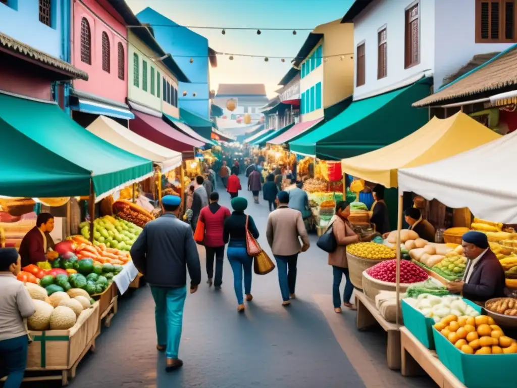 Escena vibrante de un mercado callejero local con diversidad cultural y puestos coloridos