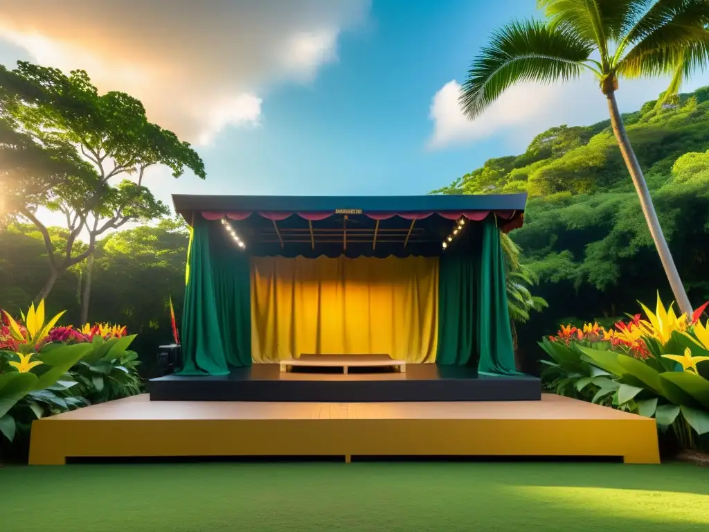 Un escenario al aire libre iluminado por el sol en el Festival de la Palabra Puerto Rico, rodeado de flores tropicales y exuberante vegetación