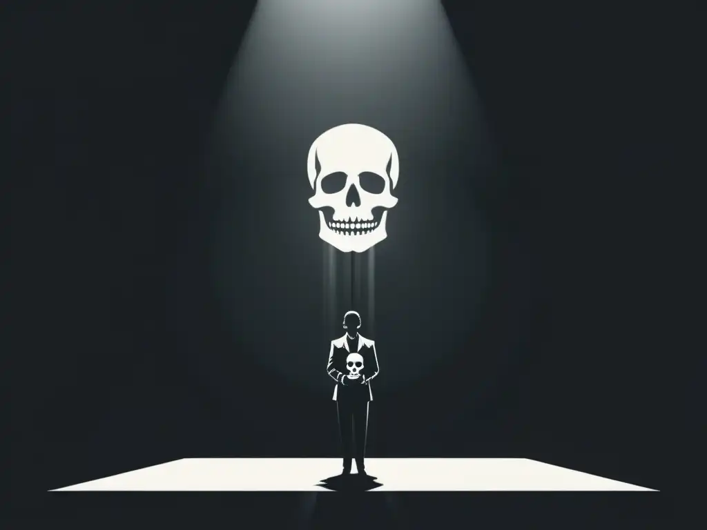 Escena de teatro con dramatica ironía: Hamlet y calavera Un escenario en blanco y negro con una única figura iluminada por un foco, evocando la ironía dramática en las obras de Shakespeare
