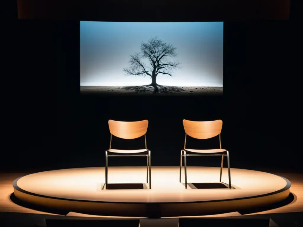 Un escenario desolado con sillas gastadas y un árbol sin hojas al fondo