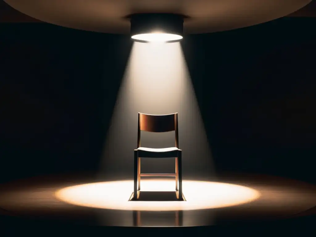 Un escenario minimalista con un foco iluminando una silla vacía en la oscuridad, capturando la esencia del nuevo modelo dramático Fuenteovejuna