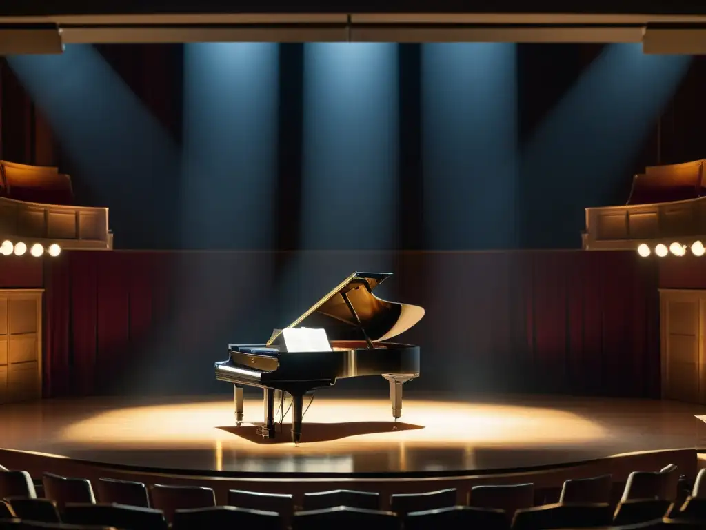 Un escenario minimalista iluminado con un foco sobre un piano de cola