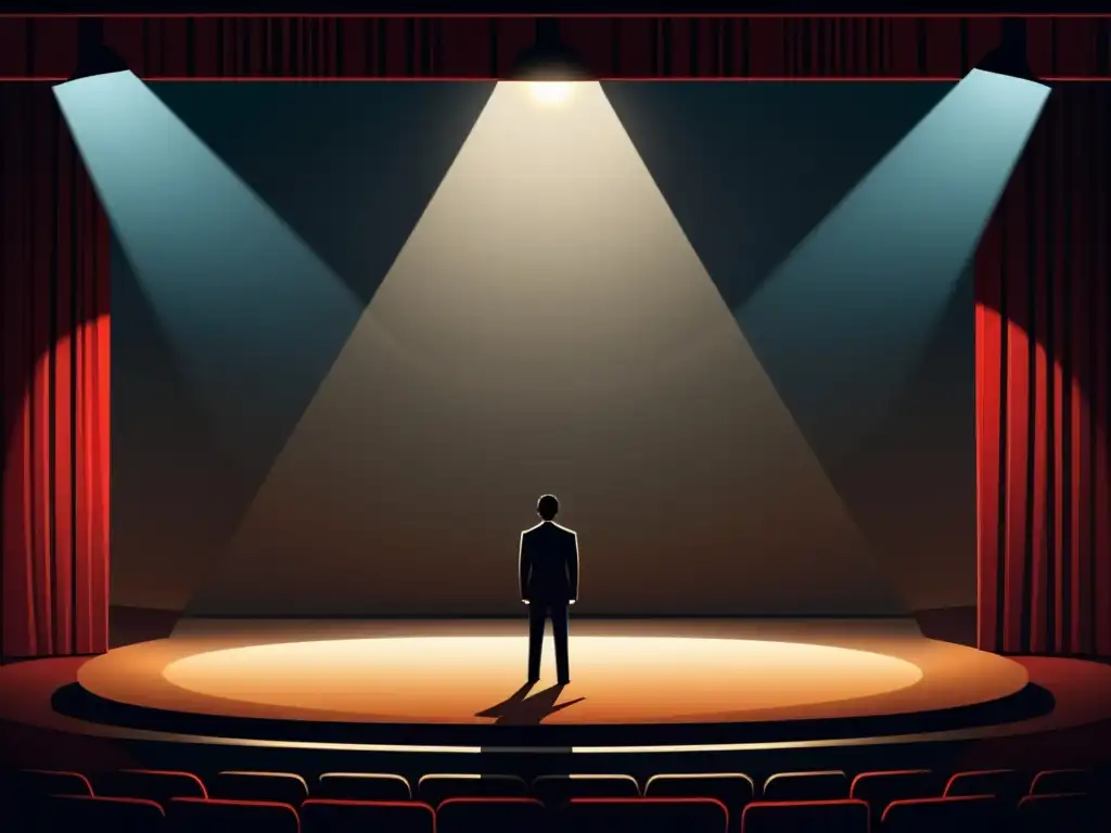 Un escenario minimalista con un solo foco brillante proyectando sombras dramáticas