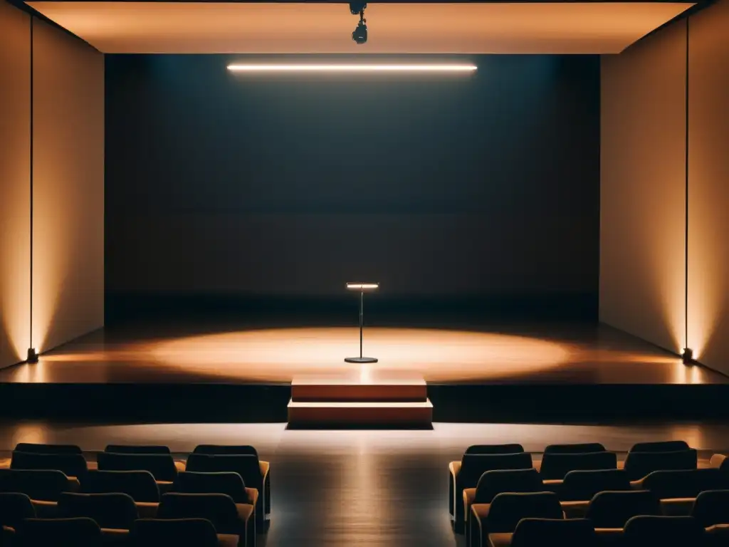 Un escenario minimalista con un solo micrófono en el centro, rodeado de asientos de audiencia en penumbra, mientras un foco ilumina el micrófono, creando un ambiente dramático e íntimo para una actuación poética