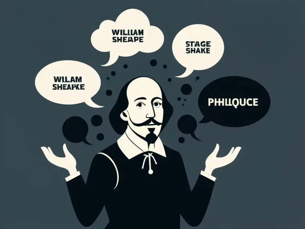 William Shakespeare en el escenario, rodeado de burbujas de diálogo y técnicas retóricas mientras recita un soliloquio emotivo