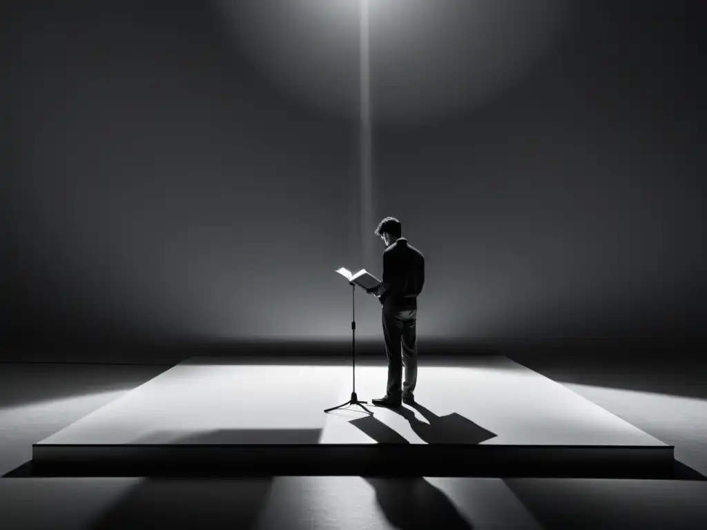 Un escenario teatral en blanco y negro con una figura solitaria bajo un foco, con la sombra de un libro abierto