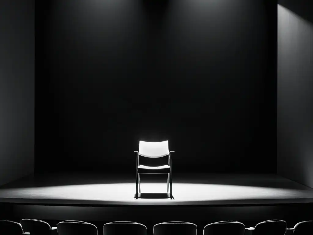 Escenario teatral en blanco y negro con foco solitario sobre silla vacía, transmitiendo anticipación y la importancia del texto en teatro