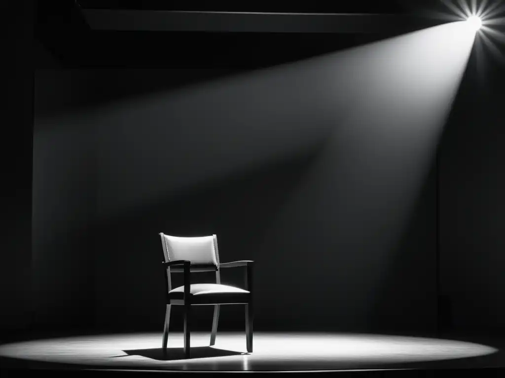 Escenario teatral en blanco y negro, con una silla iluminada por un foco