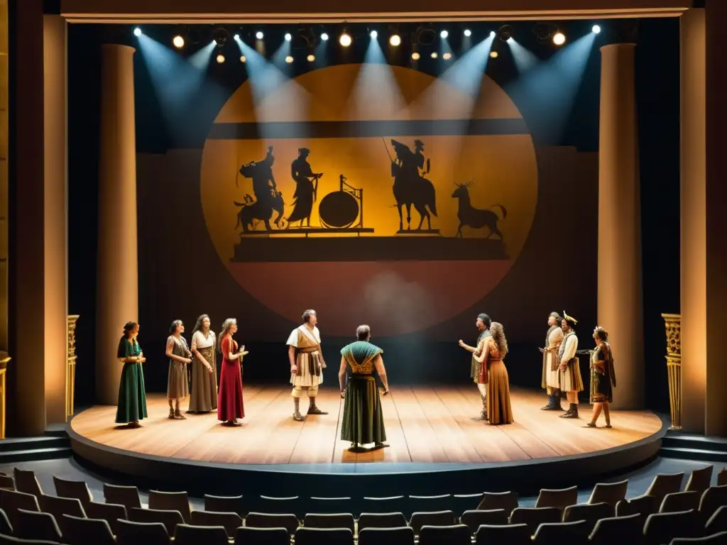 Escenario teatral épico con mitología clásica y pasión dramática Escenario teatral grandioso con temática de mitología en el teatro de Shakespeare, iluminado dramáticamente