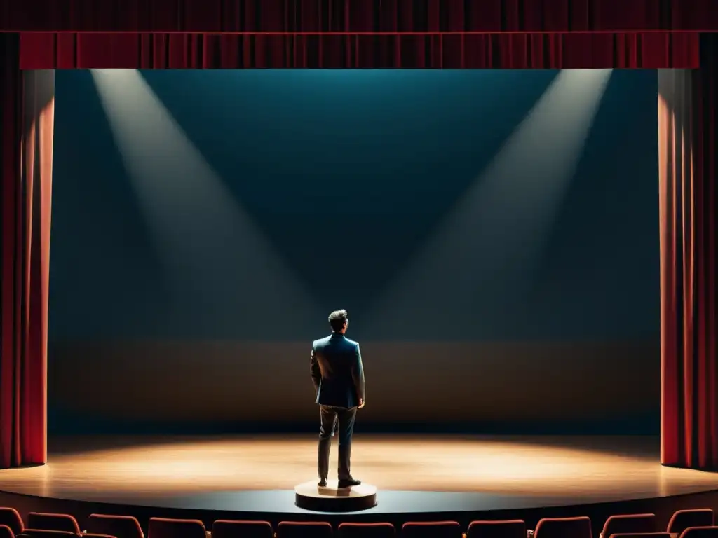 Escenario teatral minimalista en 8k con actor en pose dramática, capturando el nuevo modelo dramático de Fuenteovejuna