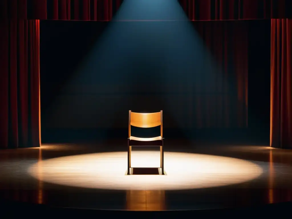 Un escenario teatral minimalista con un foco de luz brillante sobre una silla vacía, evocando la anticipación y la importancia del diálogo en una obra de Shakespeare