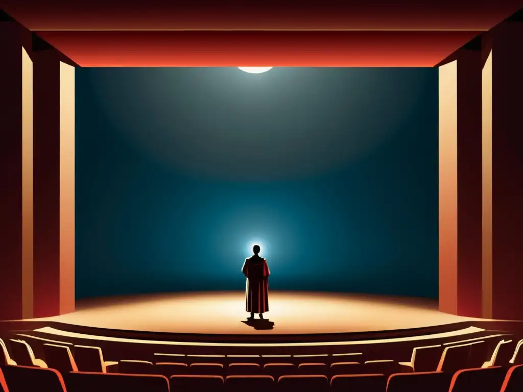 Un escenario teatral minimalista con un foco iluminando a una figura solitaria en atuendo griego antiguo, creando un ambiente introspectivo y solemne