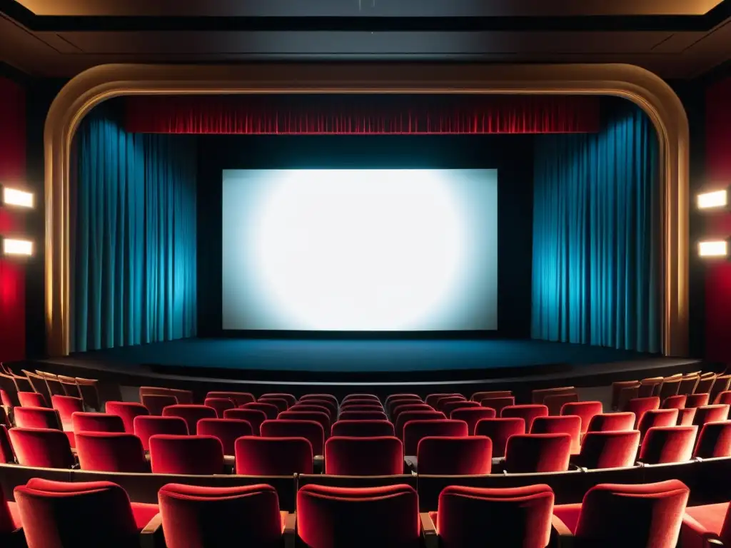 Un escenario teatral minimalista en penumbra con pantallas digitales mostrando escenas dramáticas, rodeado de filas de asientos vacíos