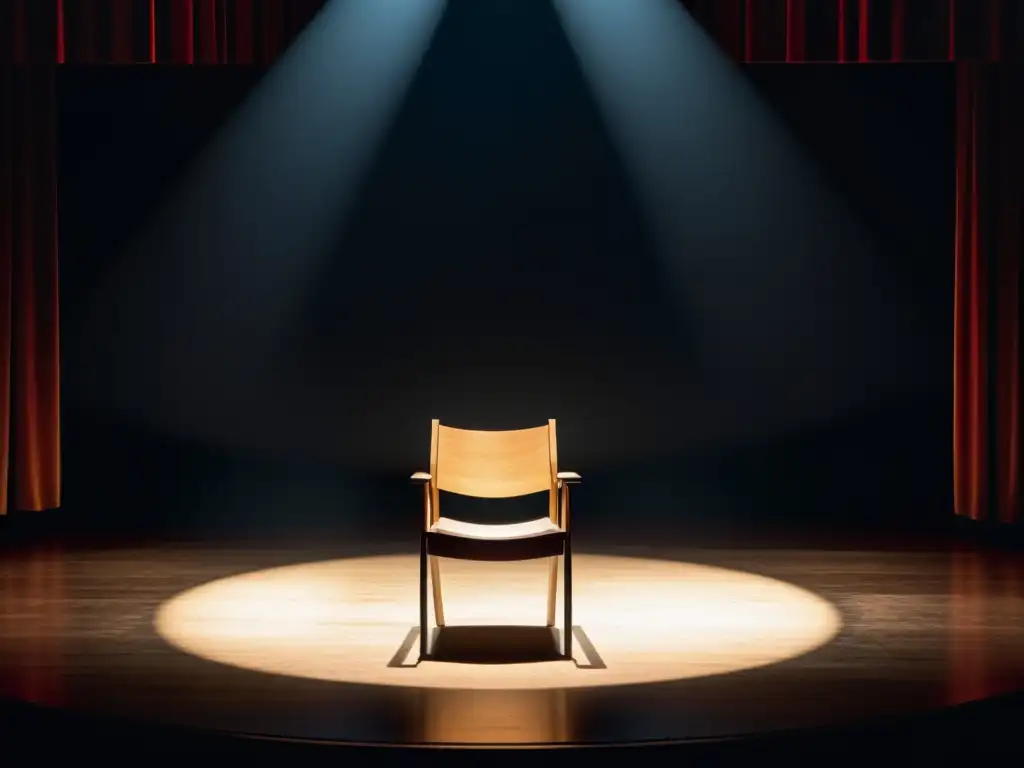 Escenario teatral oscuro con silla iluminada por un foco solitario, evocando soledad e introspección