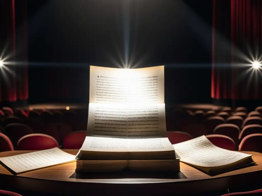 Escenario teatral con scripts iluminados por un foco, resaltando la importancia del texto en teatro