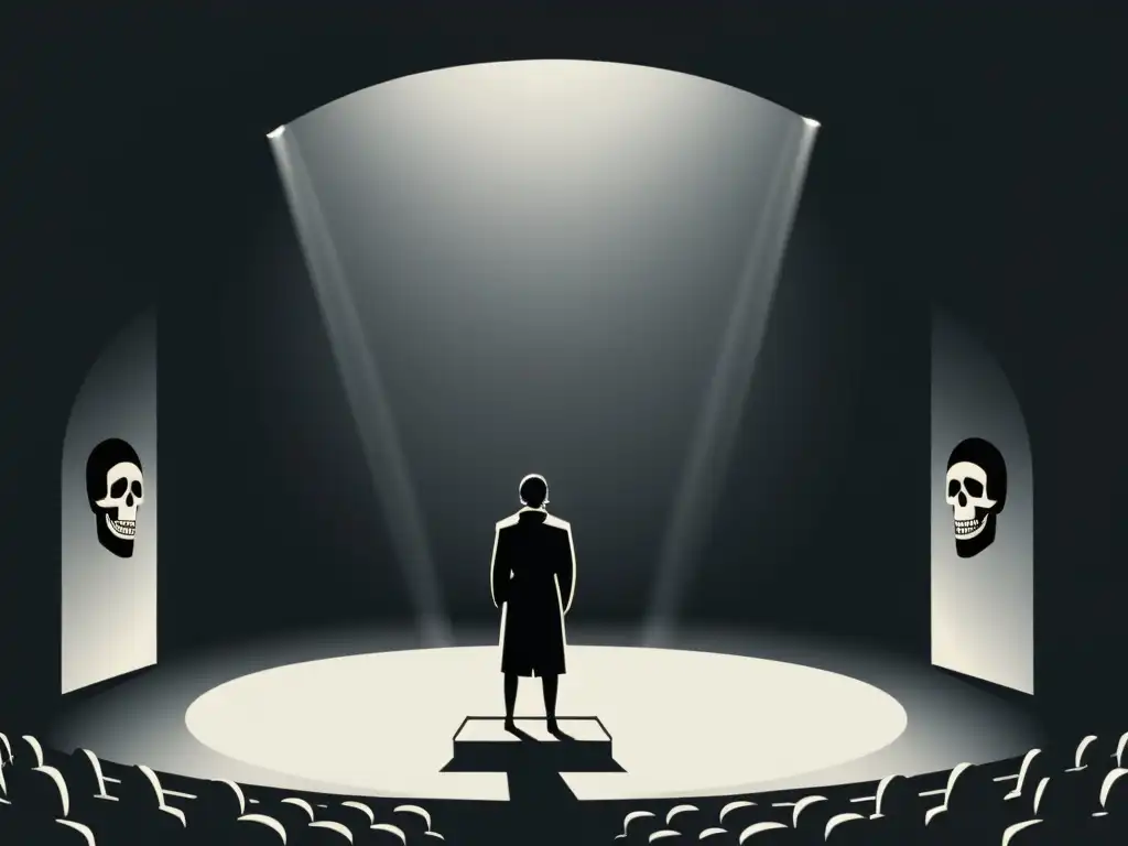 Teatro Solitario: Reflexión en la Luz En la ilustración, un escenario de teatro minimalista en blanco y negro muestra a un personaje solo sosteniendo un cráneo, evocando la icónica escena de Hamlet
