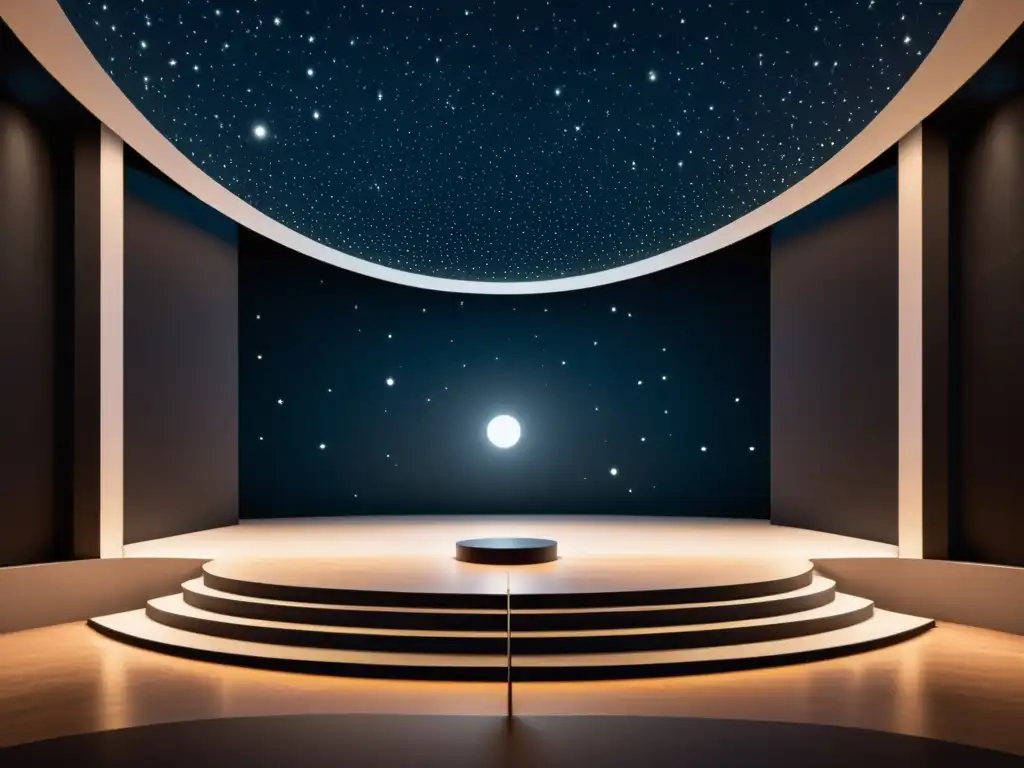 Un escenario de teatro negro y blanco con motivos celestiales sutiles, como estrellas y constelaciones