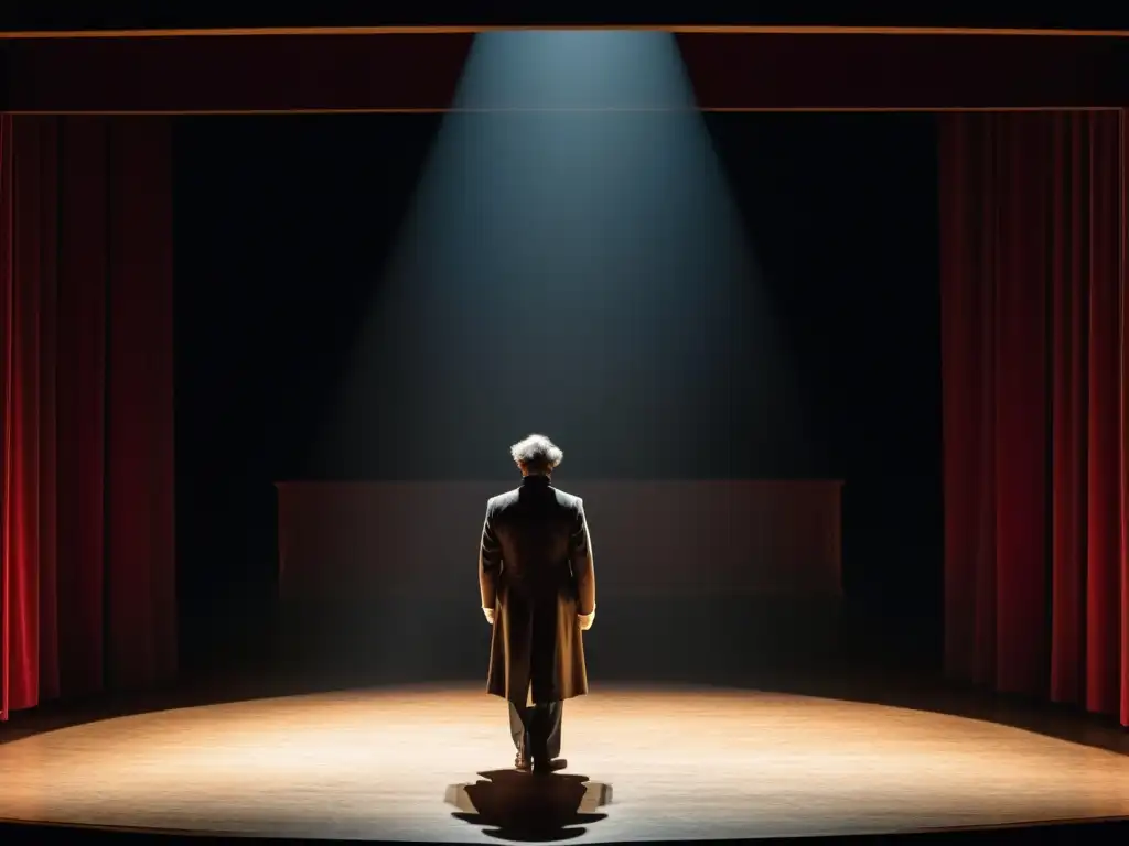 En el escenario del teatro realista, un actor solitario bajo la luz, refleja la intensidad de las emociones y reflexiones sociales de Ibsen en el siglo XIX