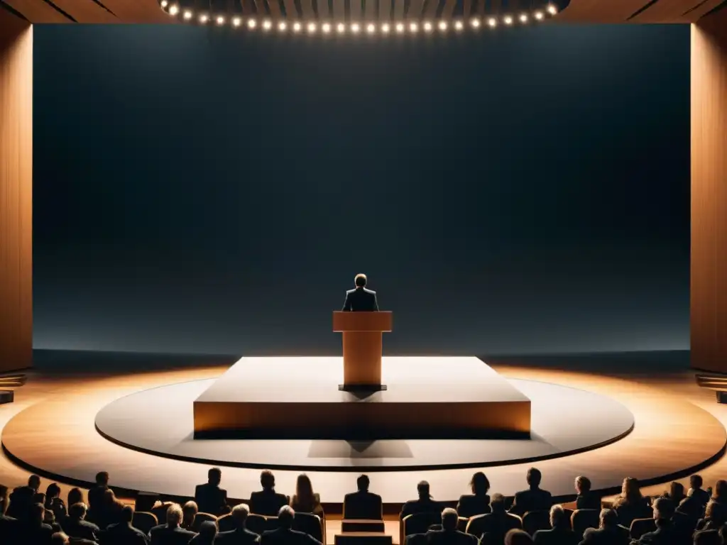 Escenario tenue con podium iluminado y figuras sombrías