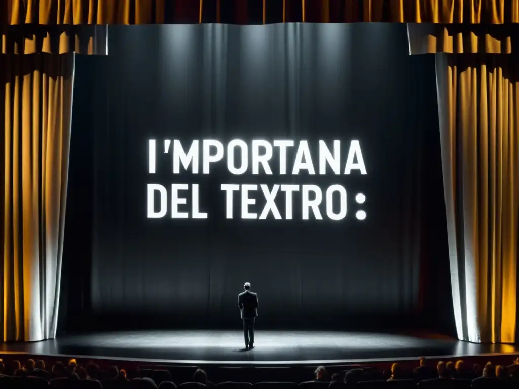 Un escenario vacío iluminado por un foco, con las palabras 'Importancia del texto en teatro' proyectadas en la cortina