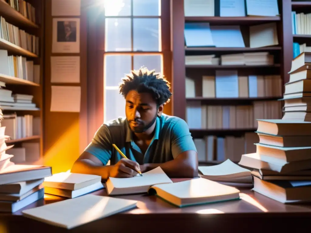 Un escritor activista en literatura concentrado en su trabajo rodeado de libros y papeles, iluminado por la cálida luz del sol