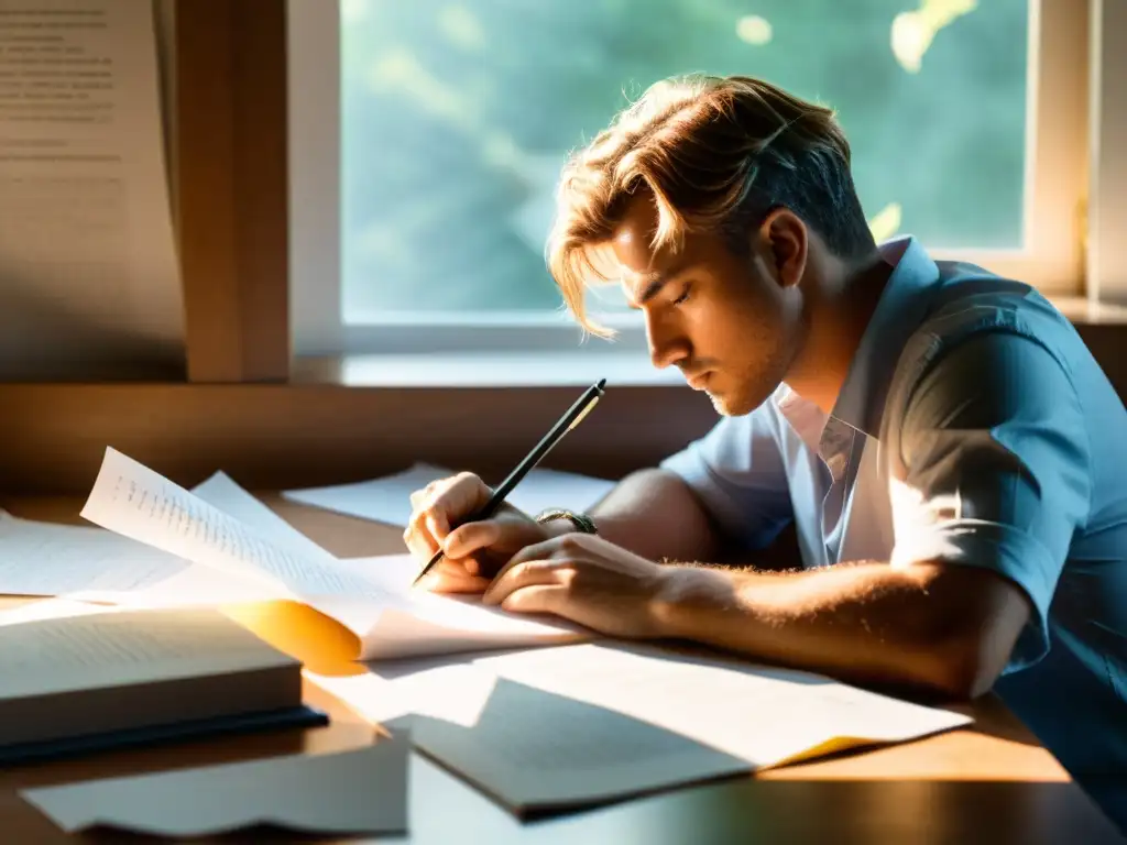 Escritor revisando su argumento con determinación, rodeado de papel y plumas, la luz del sol resalta su expresión