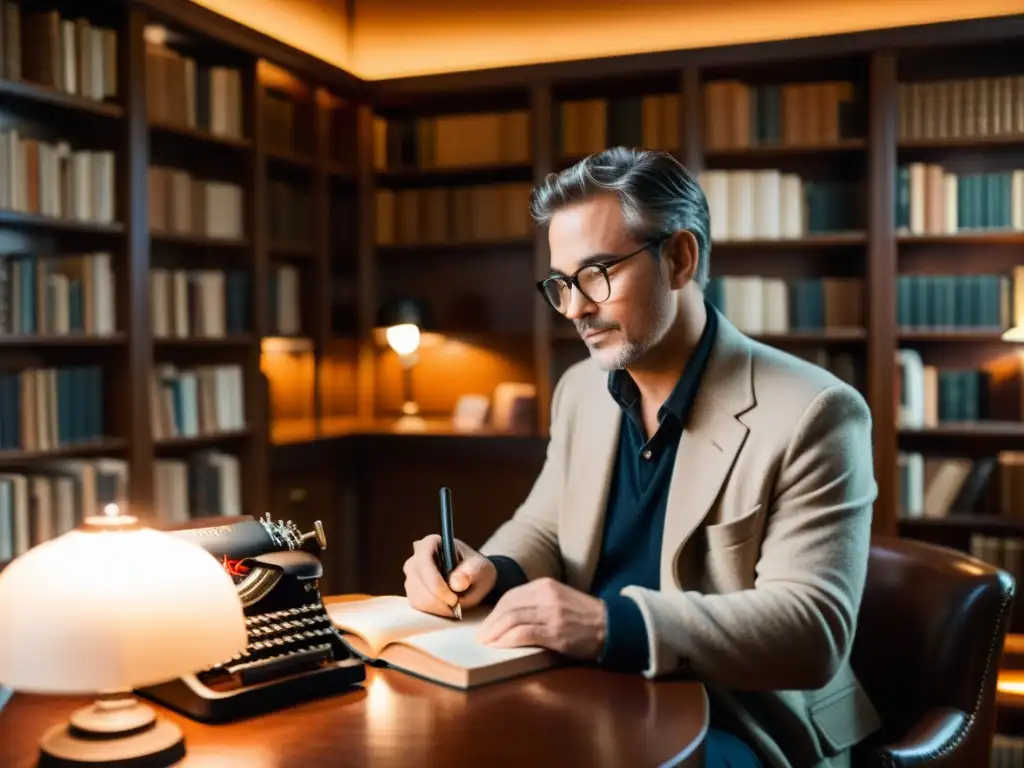 Escritor en biblioteca acogedora, preparado para escribir con máquina de escribir vintage y café caliente