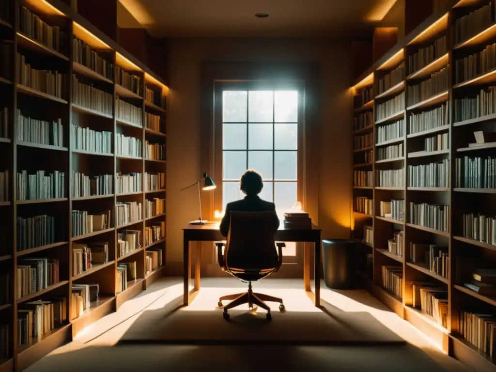 Escritor en biblioteca contemplativa, rodeado de libros clásicos, inspiración para concursos literarios