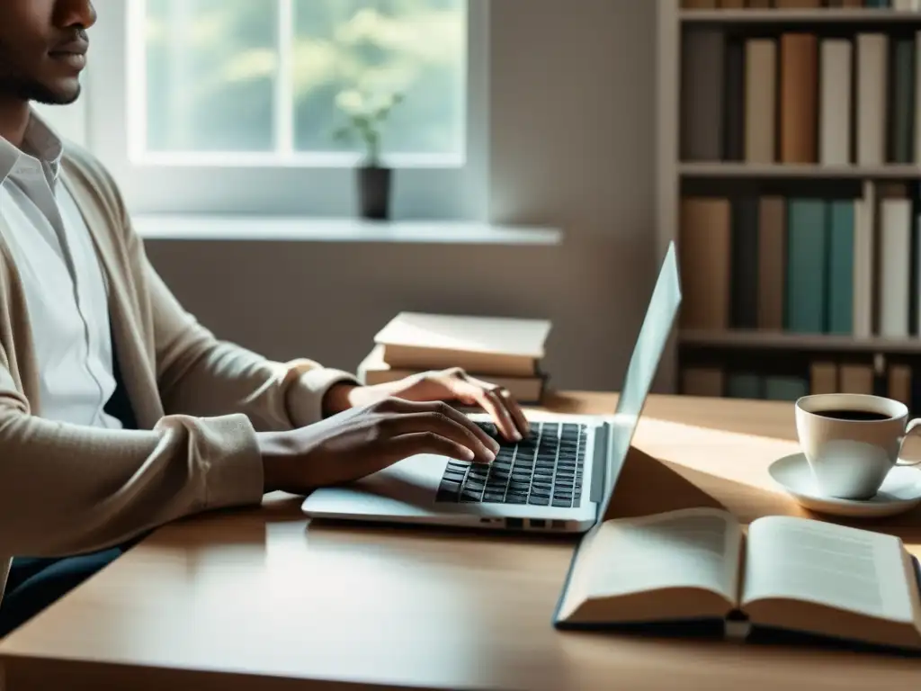 Un escritor crea sus campañas de crowdfunding, rodeado de libros, escribiendo en su laptop con luz natural