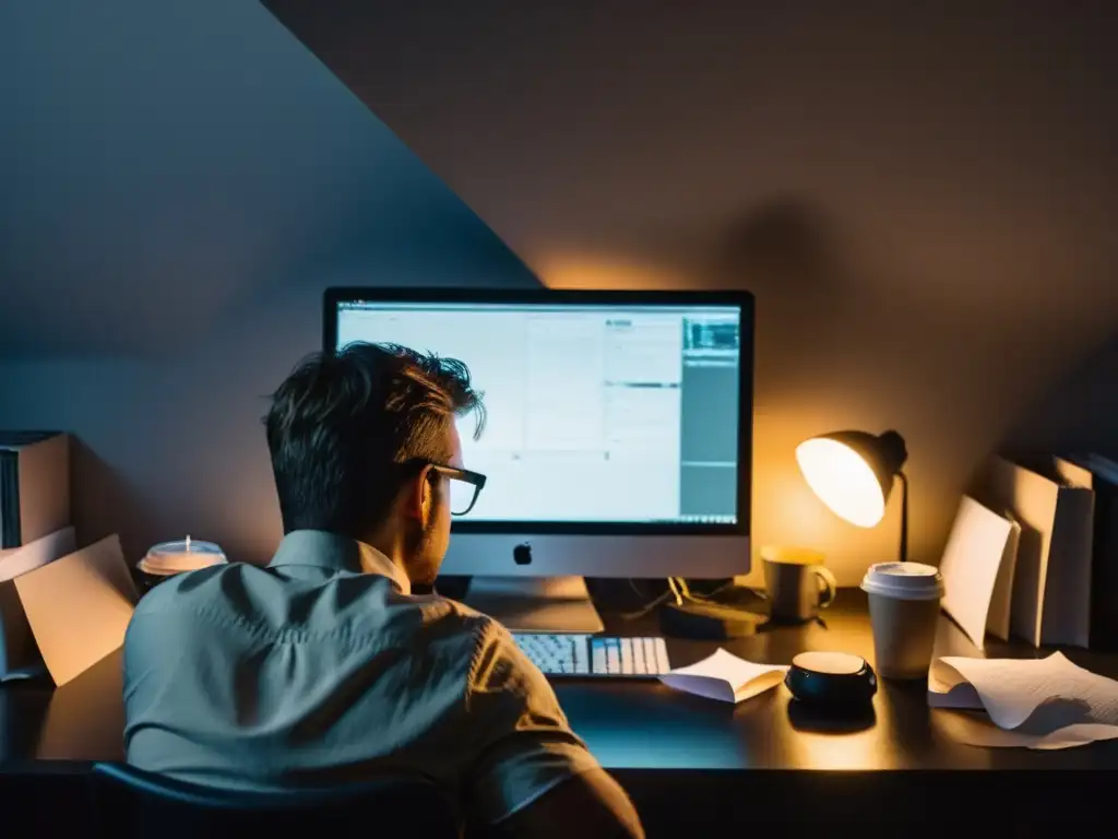 Un escritor concentrado en su escritorio desordenado, iluminado por la pantalla de la computadora