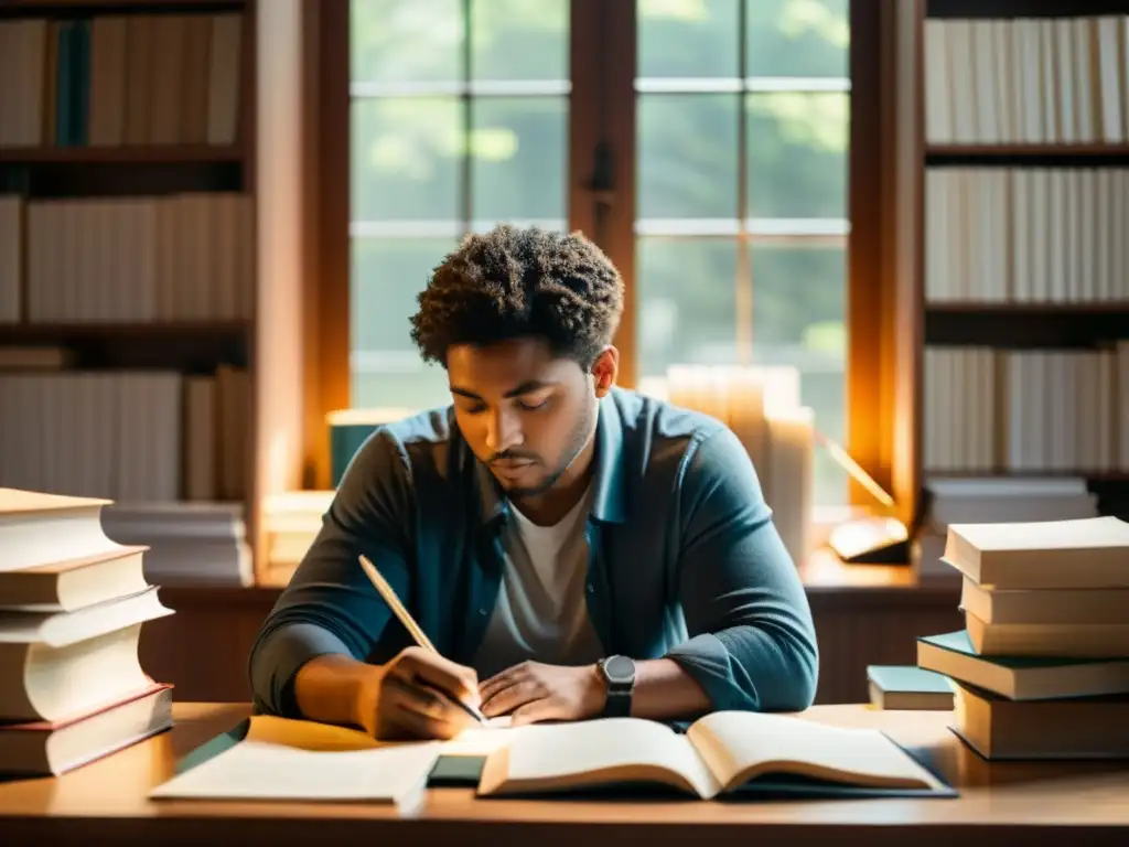 Escritor concentrado en su escritorio, rodeado de libros, en la cálida luz natural, expresando el poder de la literatura para el cambio social