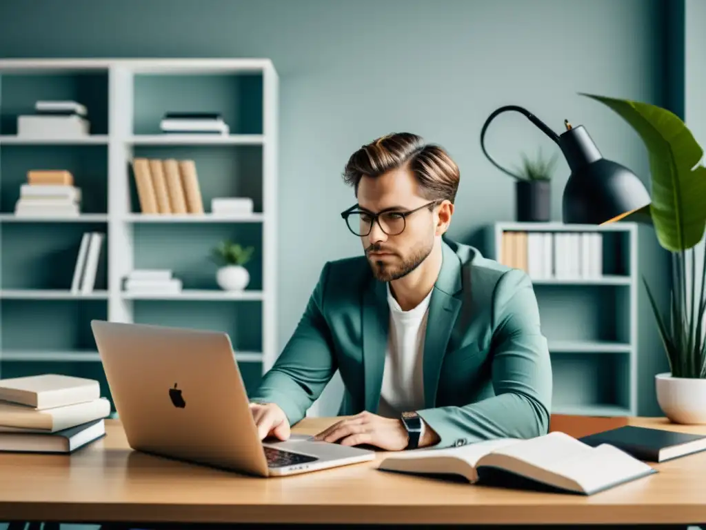 Escritor concentrado en su moderno escritorio, rodeado de decoración minimalista