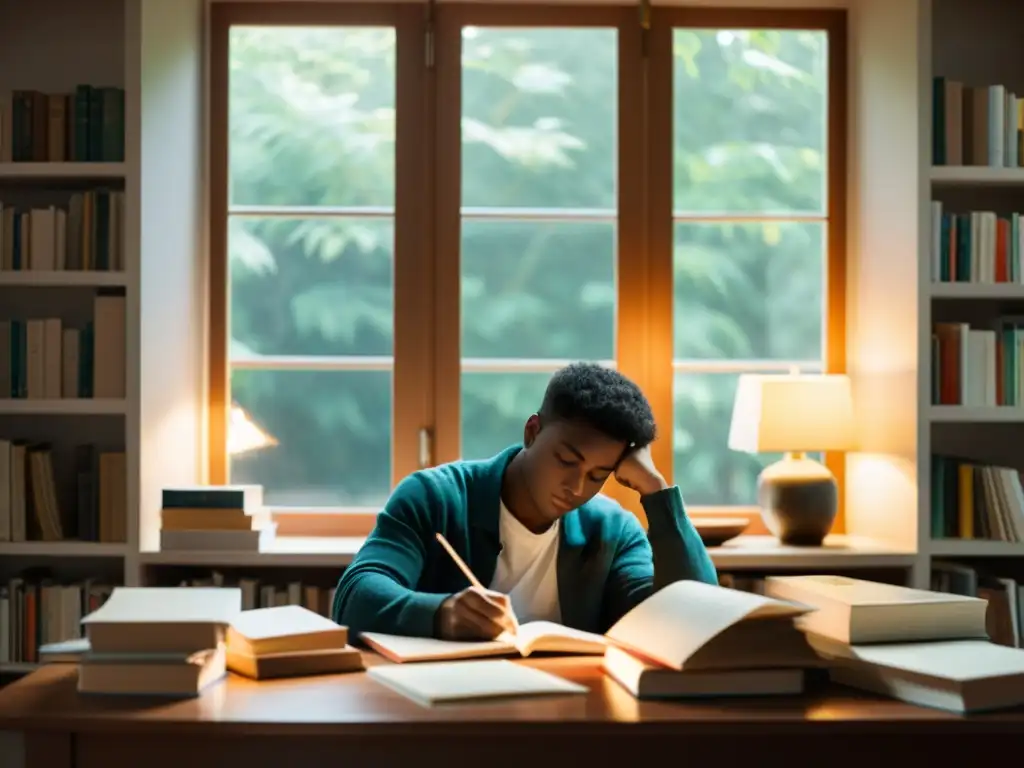 Escritor concentrado en su participación en competición literaria, inmerso en la atmósfera serena de su estudio rodeado de libros y papeles