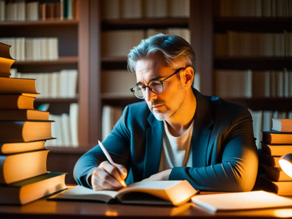 Un escritor concentrado en su trabajo rodeado de libros y papel, iluminado por una cálida luz mientras crea su última pieza literaria