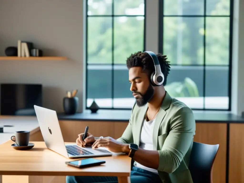 Un escritor contemporáneo concentrado en su trabajo, rodeado de herramientas digitales y una vista urbana