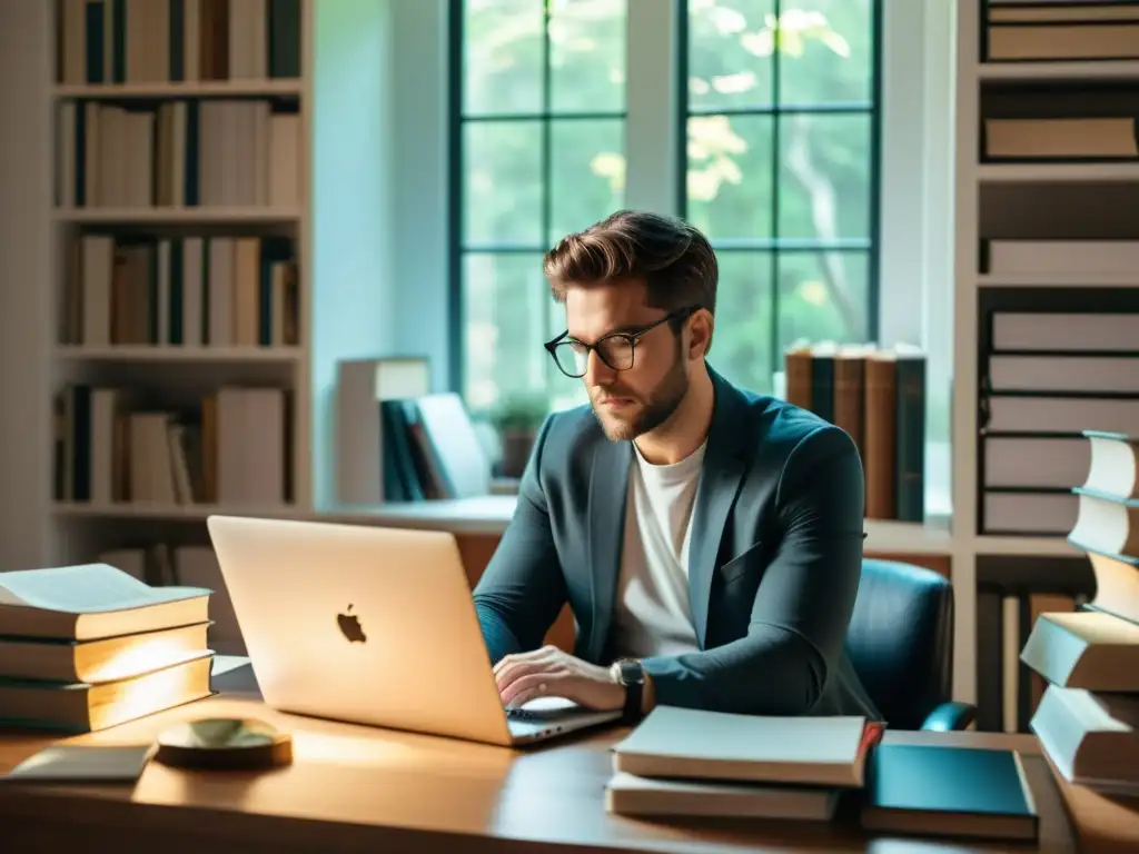 Un escritor enfocado, rodeado de libros y papeles, teclea con determinación en su laptop en un estudio minimalista