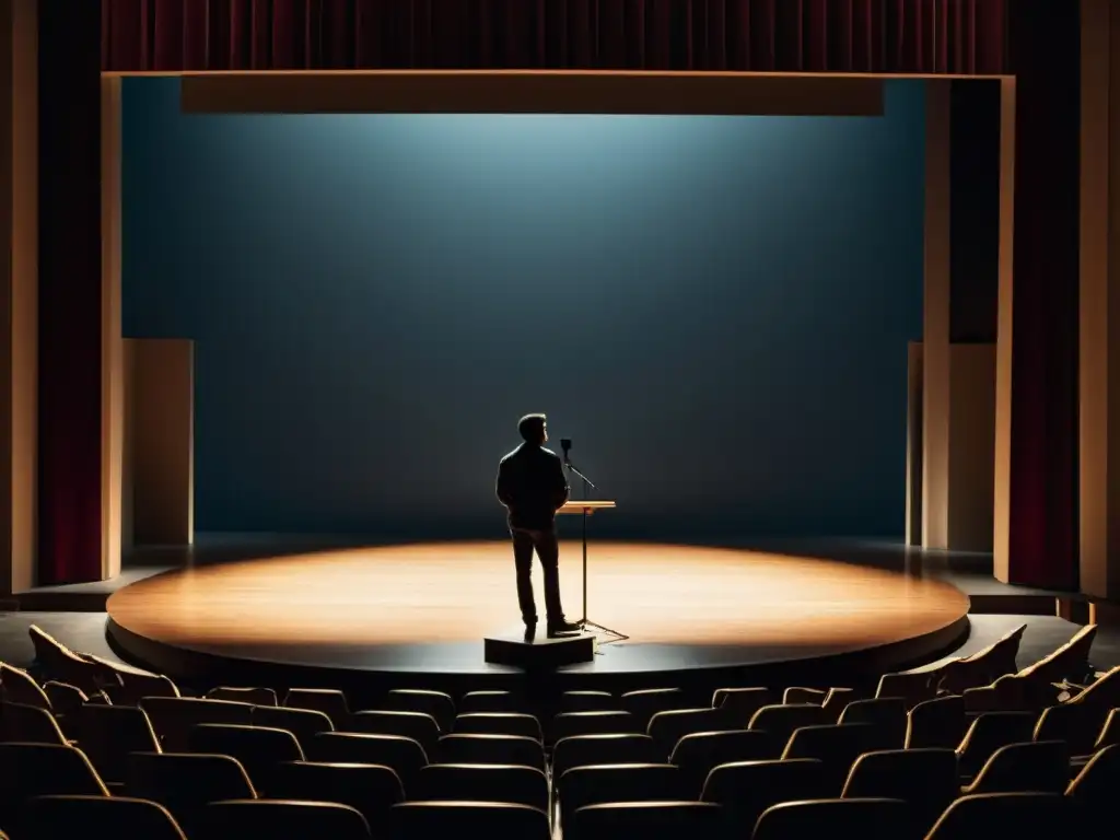 Un escritor en el escenario, bajo un foco solitario en un auditorio vacío