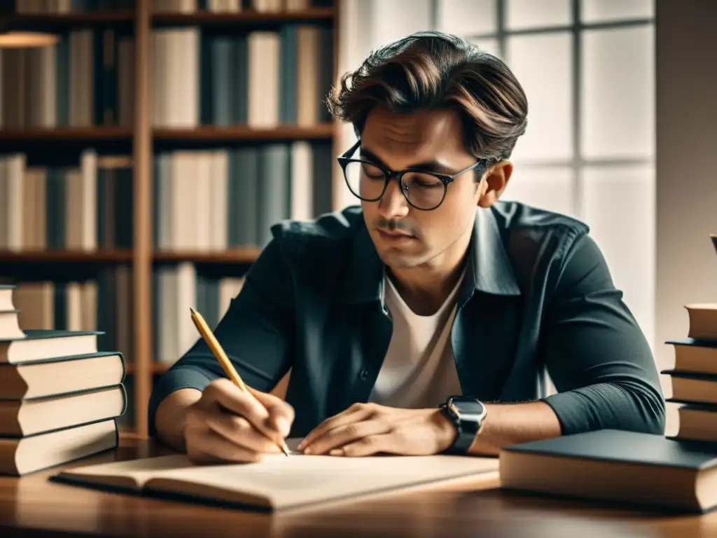 Un escritor se concentra en su escritorio, rodeado de libros y plumas, inspirado para explorar técnicas literarias para escritores