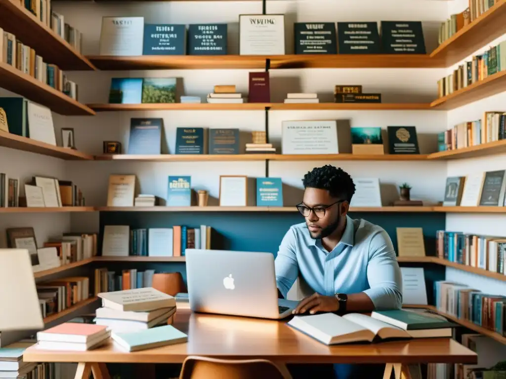 Escritor trabajando en su escritorio, rodeado de libros, con una expresión pensativa