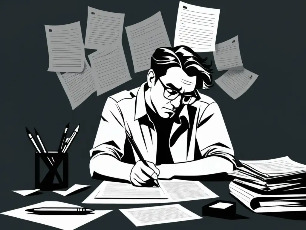 Un escritor en su escritorio, rodeado de papeles y herramientas de escritura, concentrado en la creación de personajes literarios