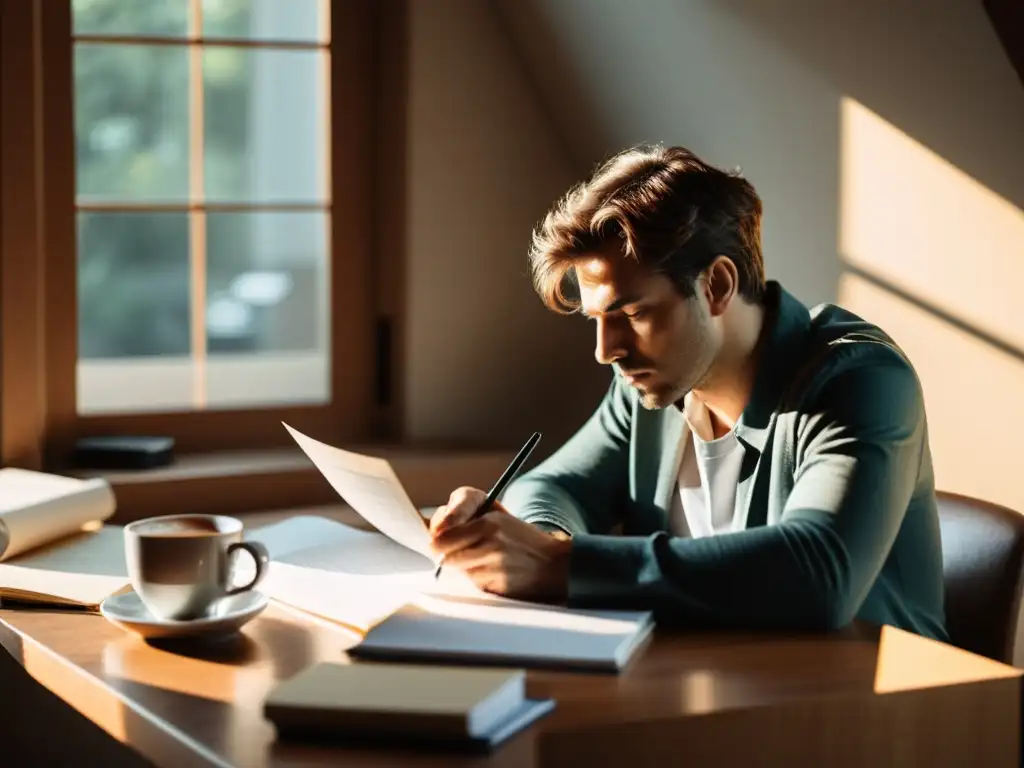 Un escritor reflexiona en su escritorio, rodeado de papeles arrugados y una taza de café, evocando la importancia de la autocrítica literaria