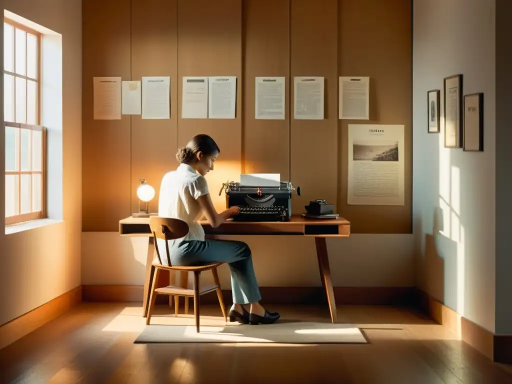 Un escritor reflexiona en su estudio, rodeado de papeles y una máquina de escribir vintage, inspirado por la luz cálida que entra por la ventana