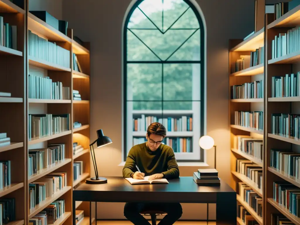 Escritor independiente en su estudio, trabajando en un manuscrito bajo la cálida luz natural, rodeado de libros