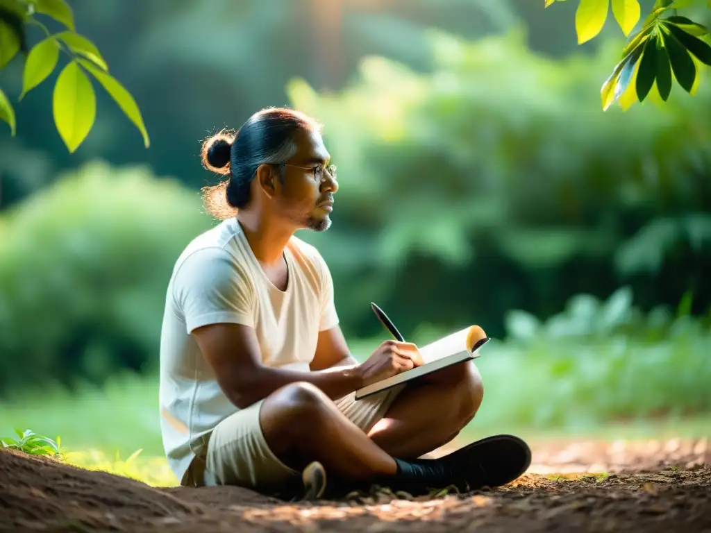 Escritor indígena reflexionando en la naturaleza, evocando la literatura indígena contemporánea análisis crítico