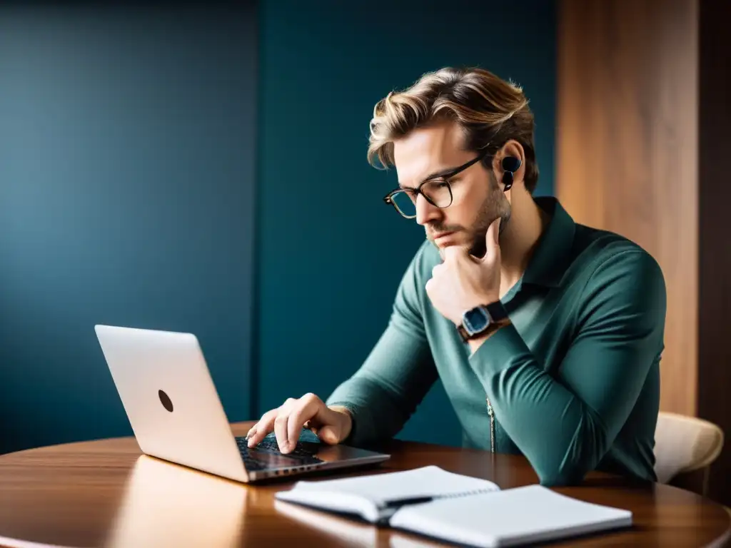 Escritor inmerso en la creatividad, rodeado de herramientas modernas y café, superando el bloqueo escritor con software de escritura