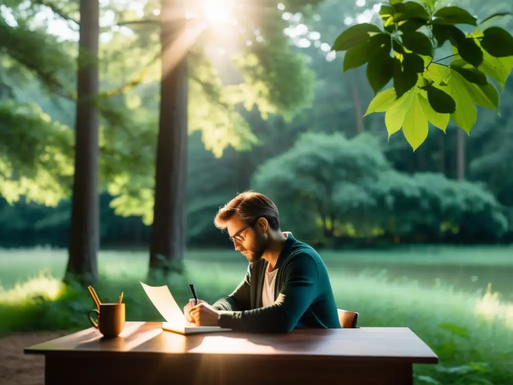 Escritor inmerso en la naturaleza, capturando inspiración en un retiro de escritura en naturaleza serena