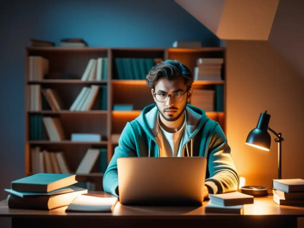 Un escritor joven concentrado en su trabajo, rodeado de libros y papeles, escribiendo en su laptop