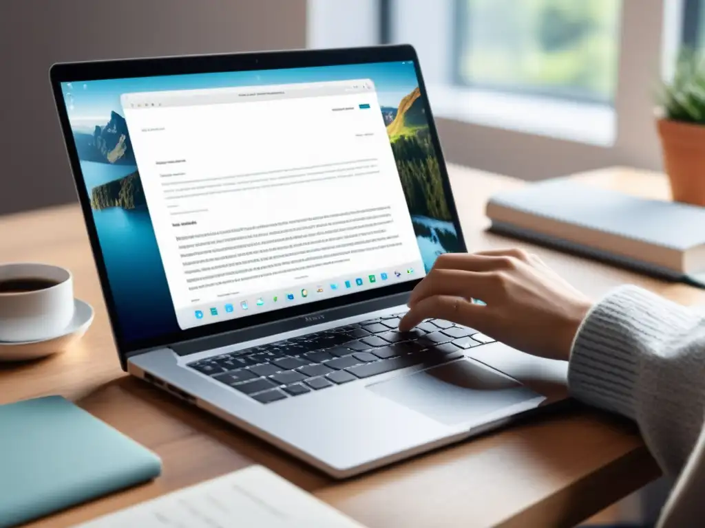 Un escritor trabaja en su laptop en un espacio acogedor y bien iluminado, creando su libro