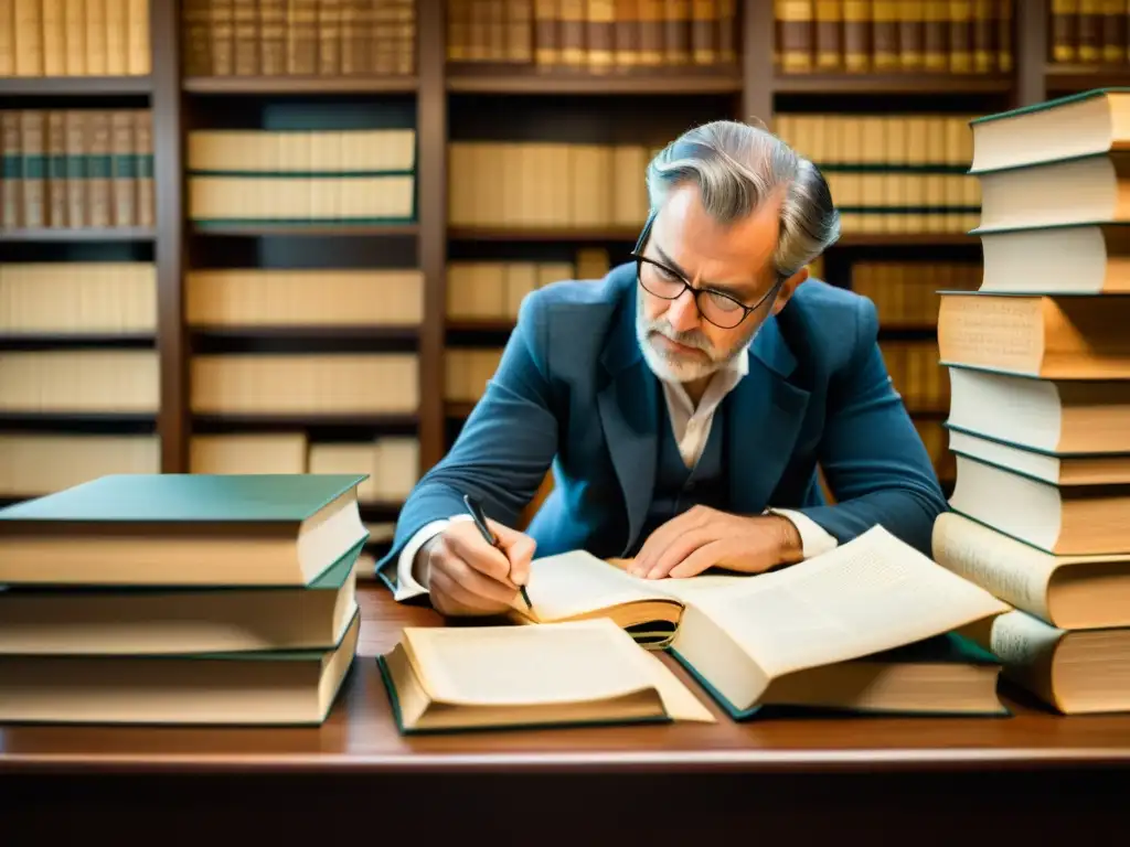 Escritor meticuloso rodeado de libros y documentos históricos, reflexionando sobre técnicas literarias novela histórica