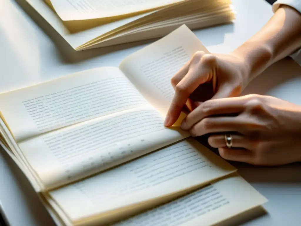 Un escritor cuidadosamente organiza páginas de manuscrito